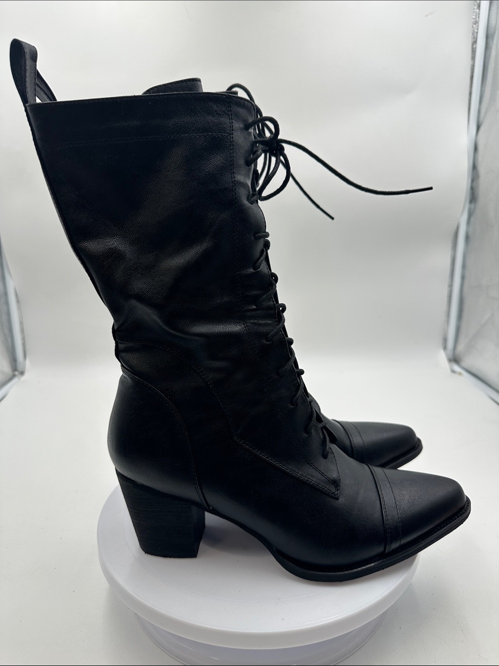 Women's Black Mid Calf Boots Lace Up